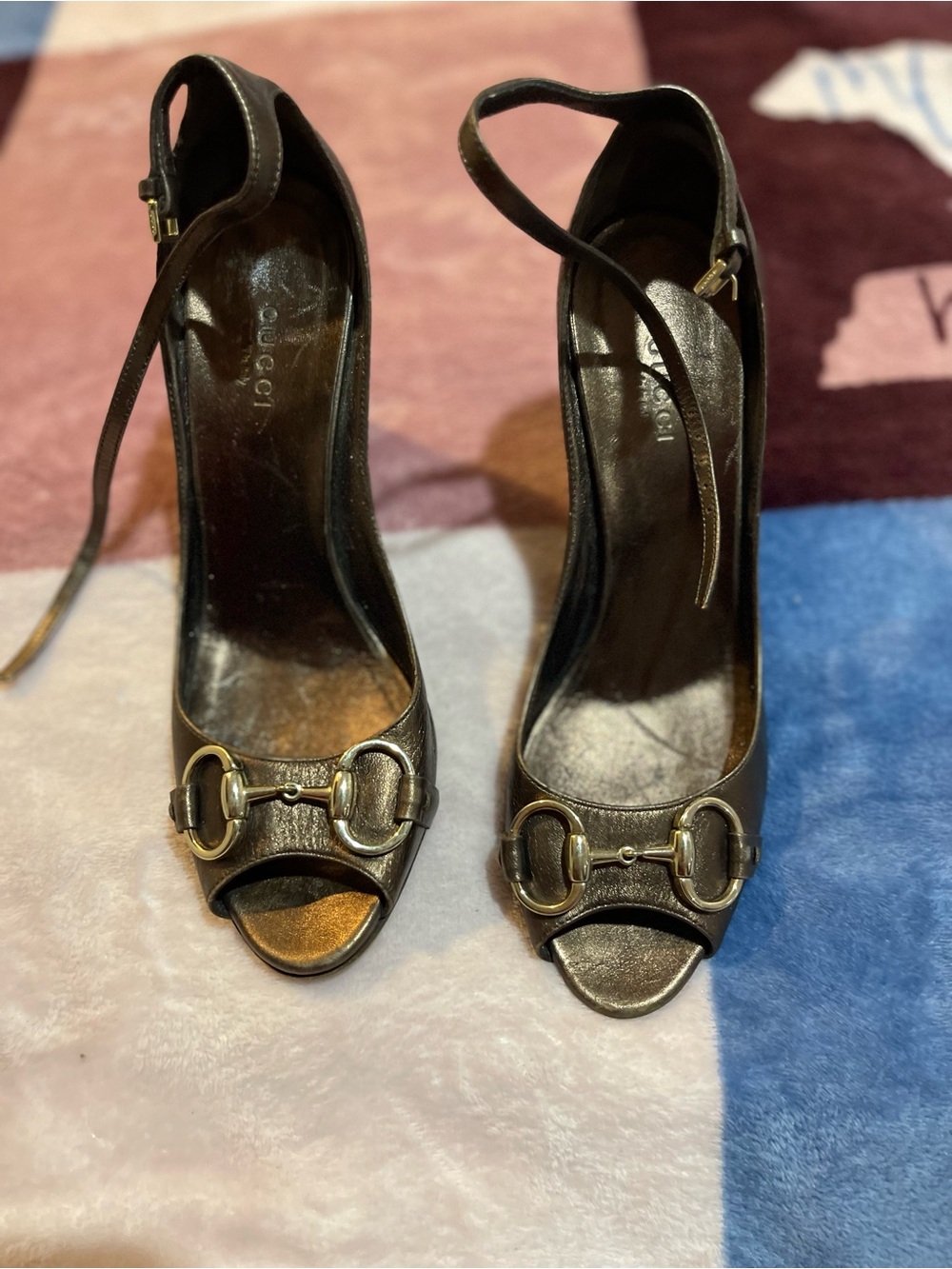 Gucci Black Peep-Toe Ankle-Strap Heels with Gold Horsebit - Picture 2 of 6